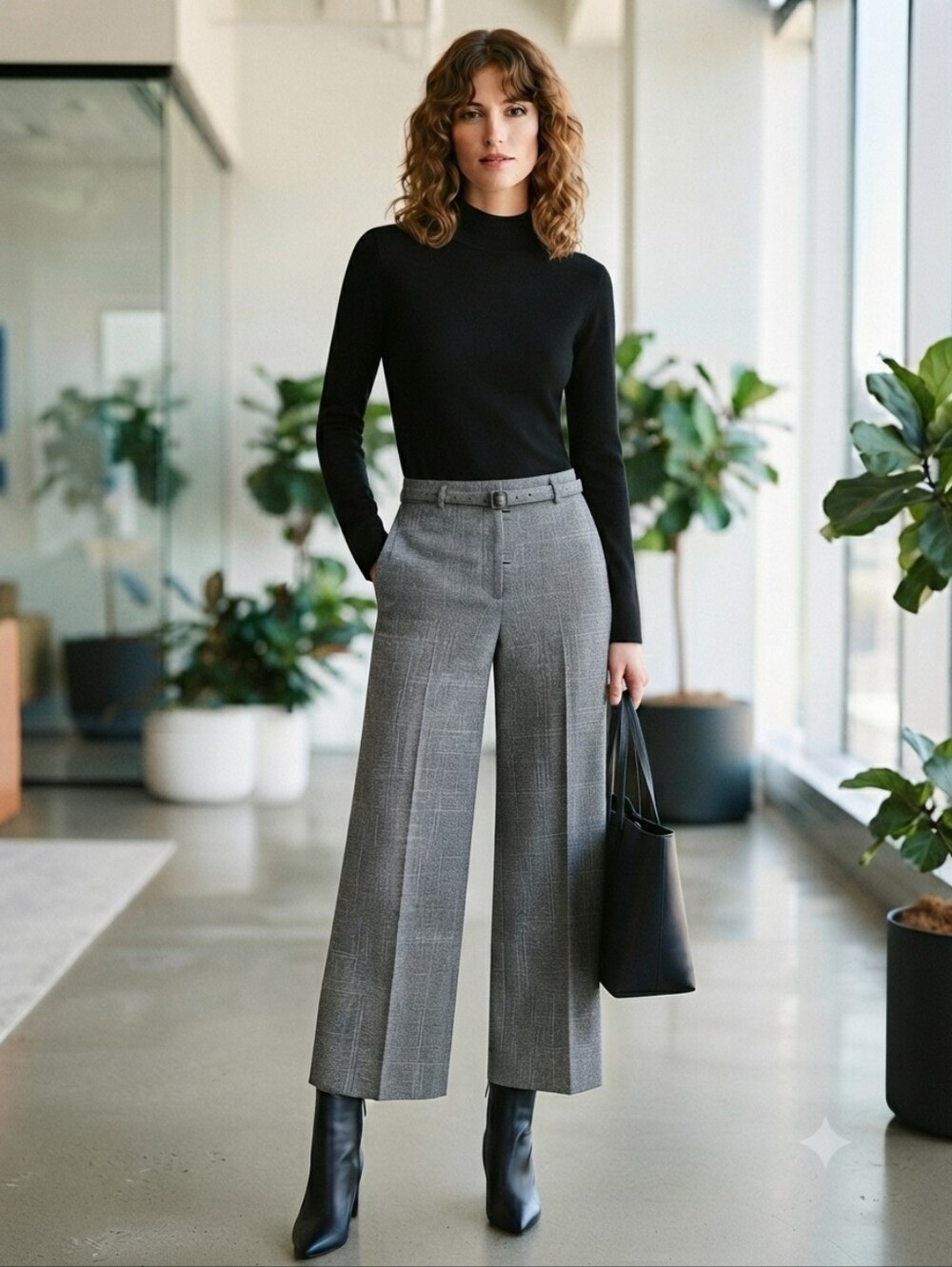 Ann Taylor Marina High-Rise Grey Tweed Plaid Cropped Wide-Leg Trousers Sz 4